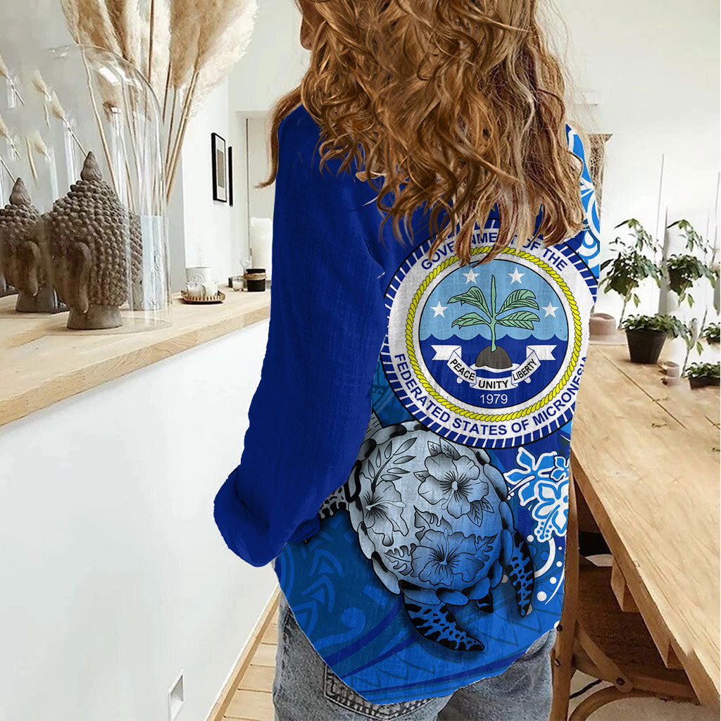 Micronesia Sea Turtle Women Casual Shirt Federated States Of Micronesia Tribal Floral Pattern TS04 - Polynesian Pride