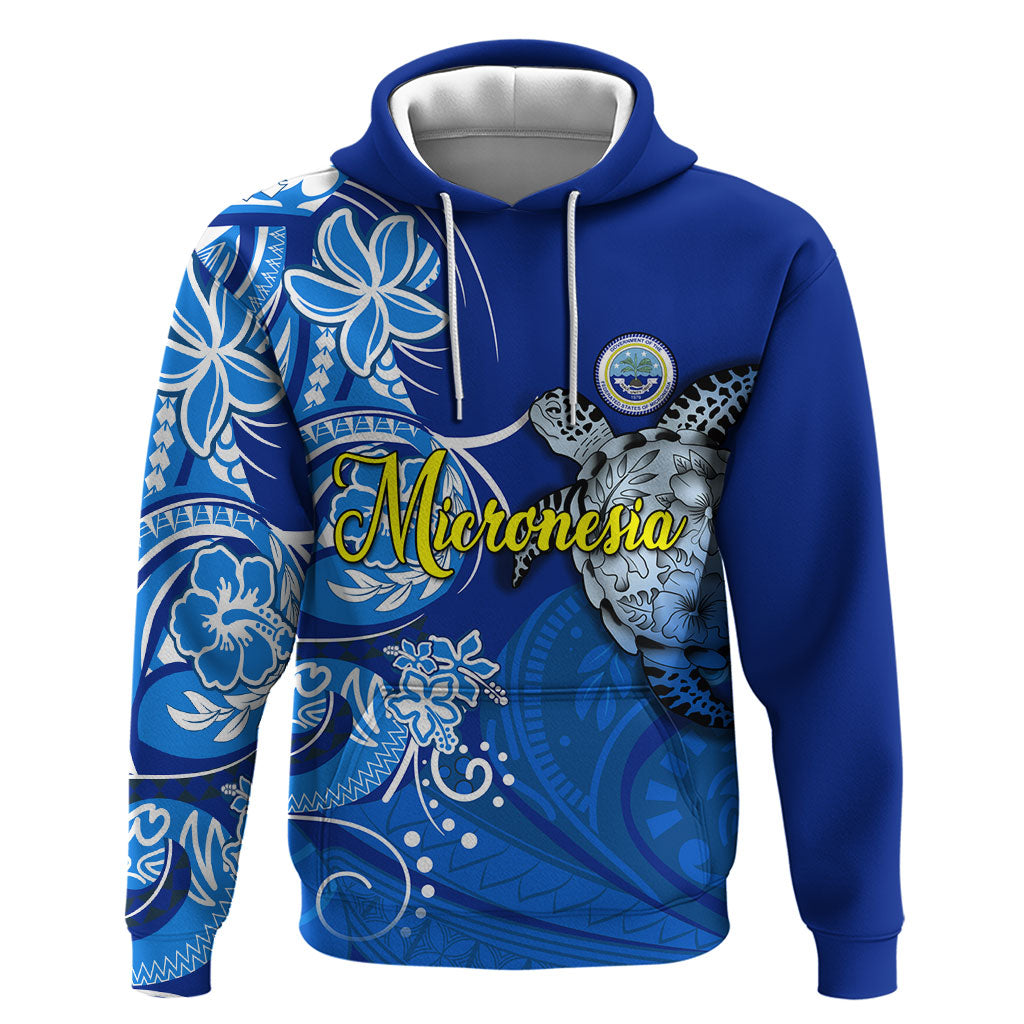 Micronesia Sea Turtle Zip Hoodie Federated States Of Micronesia Tribal Floral Pattern TS04 Pullover Hoodie Blue White - Polynesian Pride