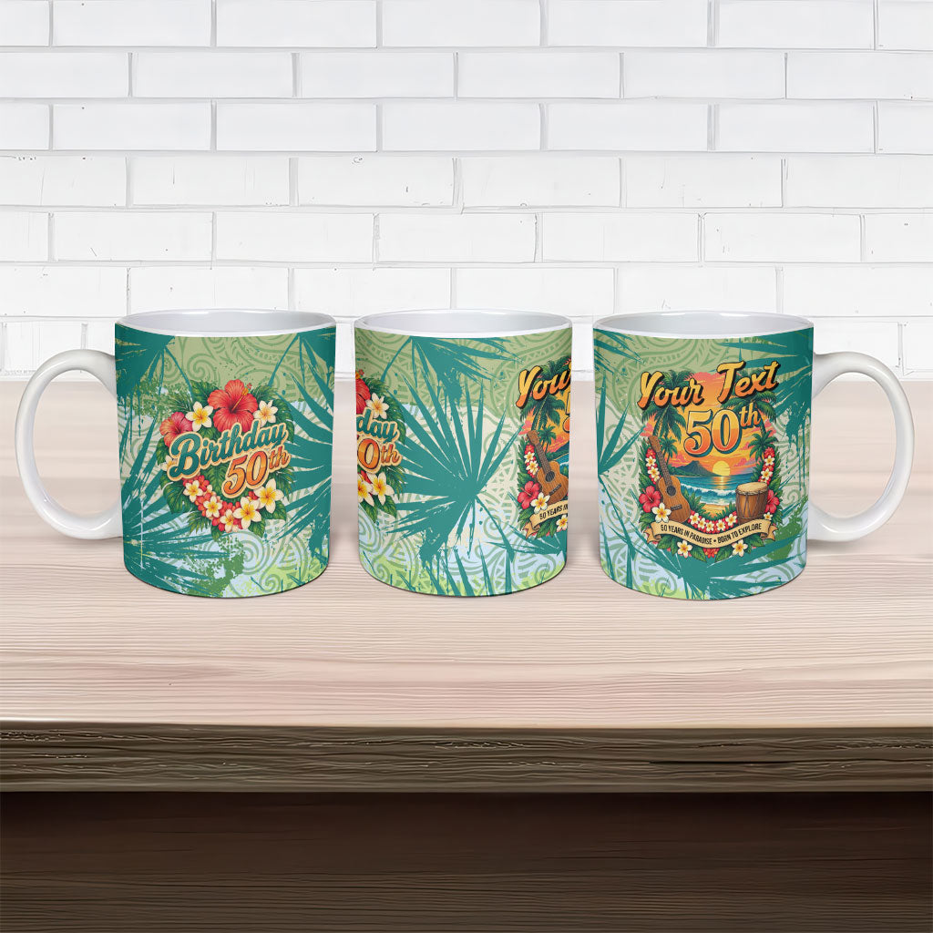 Personalized Polynesia 50th Birthday Ceramic Mug Vintage Hawaiian Floral Ukulele Tropical Sunset Art TS04 - Polynesian Pride
