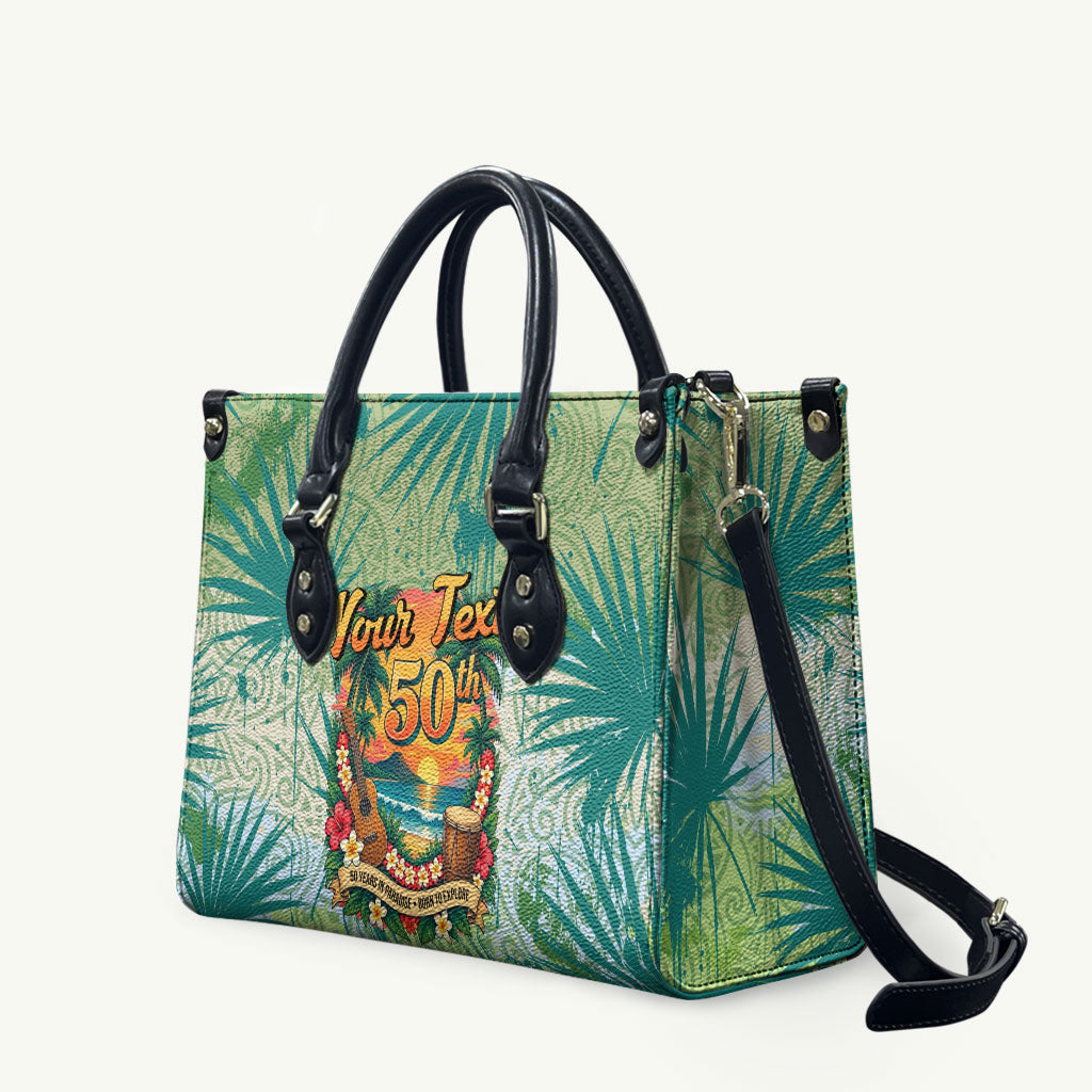 Personalized Polynesia 50th Birthday Leather Bag Vintage Hawaiian Floral Ukulele Tropical Sunset Art TS04 Green - Polynesian Pride