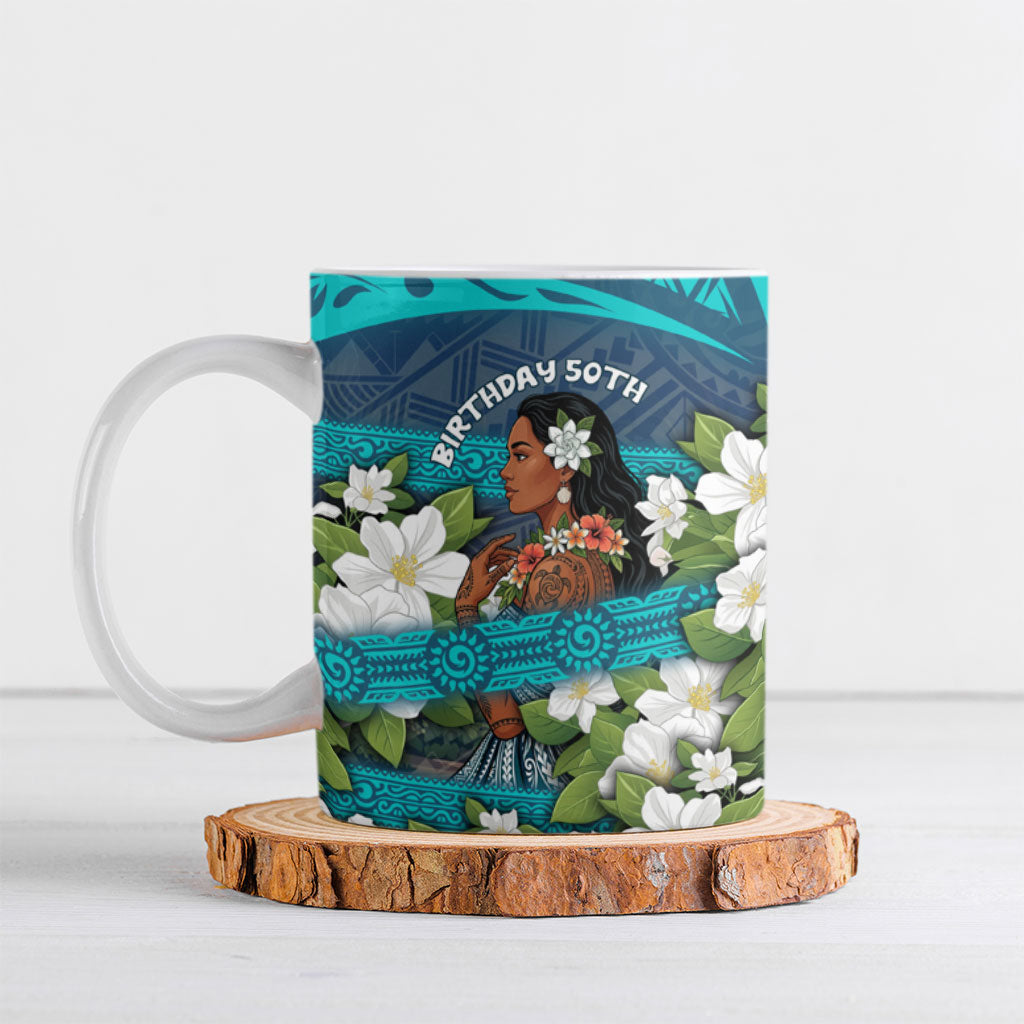 Personalized Polynesian Woman 50th Birthday Ceramic Mug Traditional Pacific Tribal Tattoo Floral Art TS04 Blue - Polynesian Pride