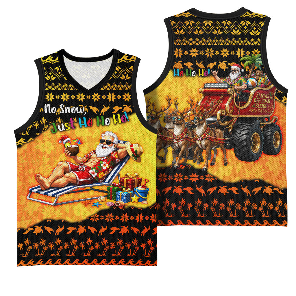 Tropical Christmas In July Santa Claus Basketball Jersey Festive Hawaiian With Beach Reindeer Sleigh