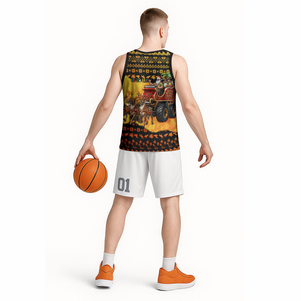 Tropical Christmas In July Santa Claus Basketball Jersey Festive Hawaiian With Beach Reindeer Sleigh