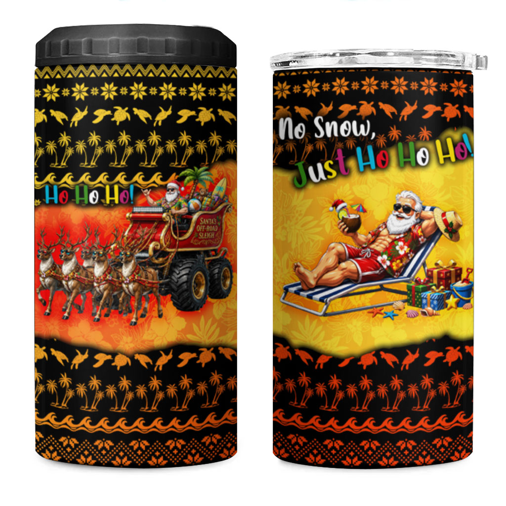 Tropical Christmas In July Santa Claus 4 in 1 Can Cooler Tumbler Festive Hawaiian With Beach Reindeer Sleigh