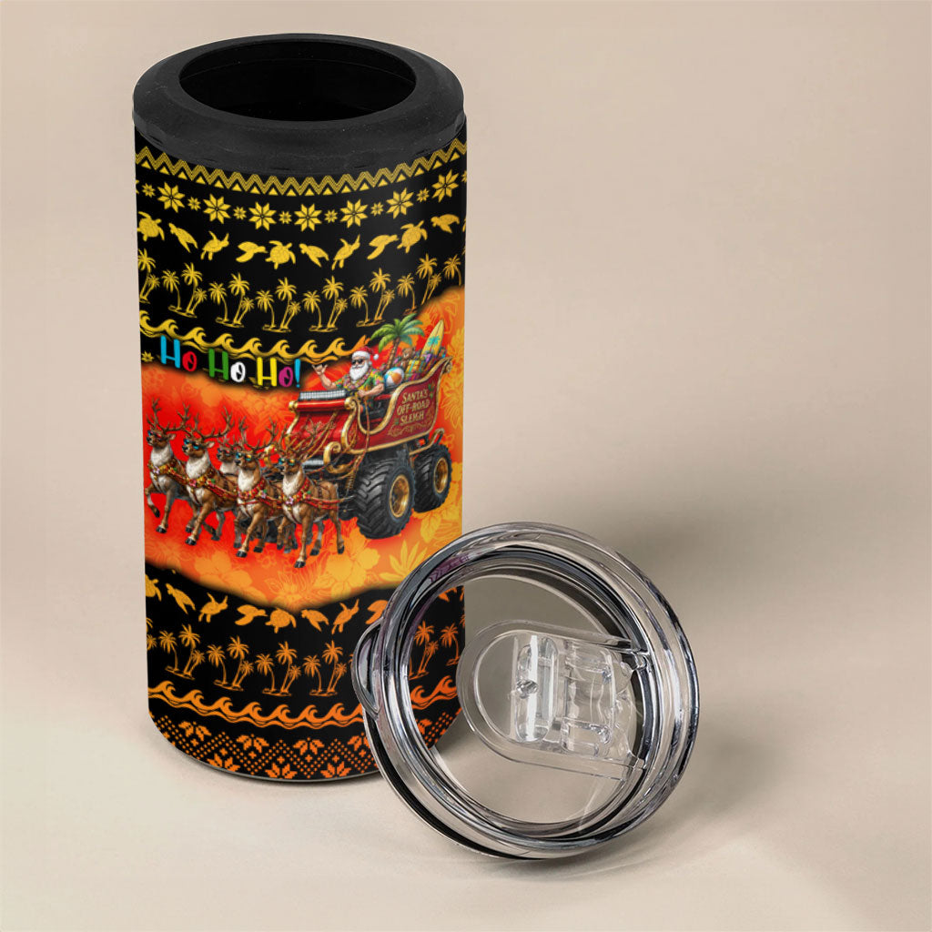 Tropical Christmas In July Santa Claus 4 in 1 Can Cooler Tumbler Festive Hawaiian With Beach Reindeer Sleigh