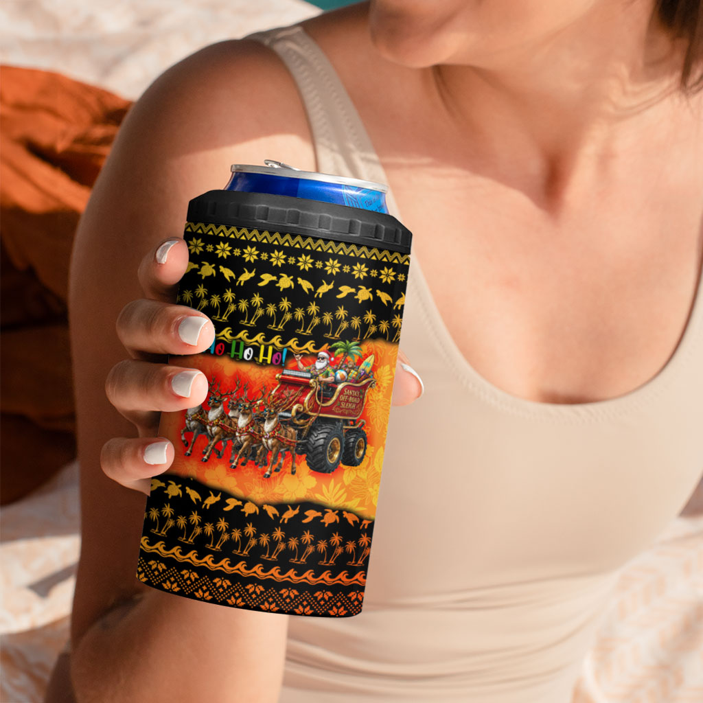 Tropical Christmas In July Santa Claus 4 in 1 Can Cooler Tumbler Festive Hawaiian With Beach Reindeer Sleigh