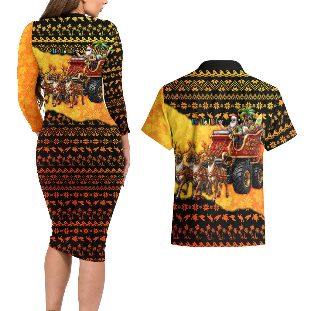 Tropical Christmas In July Santa Claus Couples Matching Long Sleeve Bodycon Dress and Hawaiian Shirt Festive Hawaiian With Beach Reindeer Sleigh