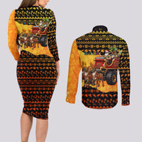 Tropical Christmas In July Santa Claus Couples Matching Long Sleeve Bodycon Dress and Long Sleeve Button Shirt Festive Hawaiian With Beach Reindeer Sleigh