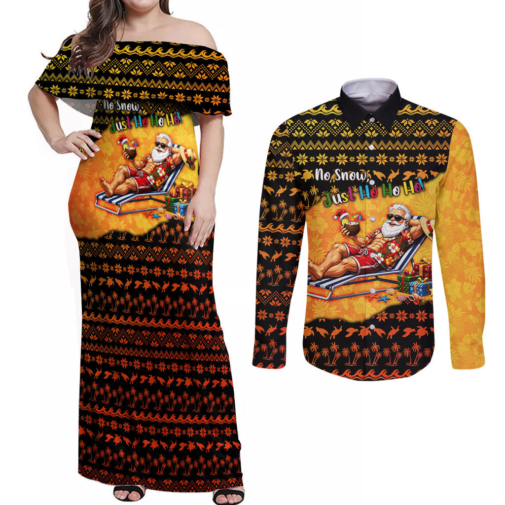 Tropical Christmas In July Santa Claus Couples Matching Off Shoulder Maxi Dress and Long Sleeve Button Shirt Festive Hawaiian With Beach Reindeer Sleigh