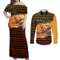 Tropical Christmas In July Santa Claus Couples Matching Off Shoulder Maxi Dress and Long Sleeve Button Shirt Festive Hawaiian With Beach Reindeer Sleigh