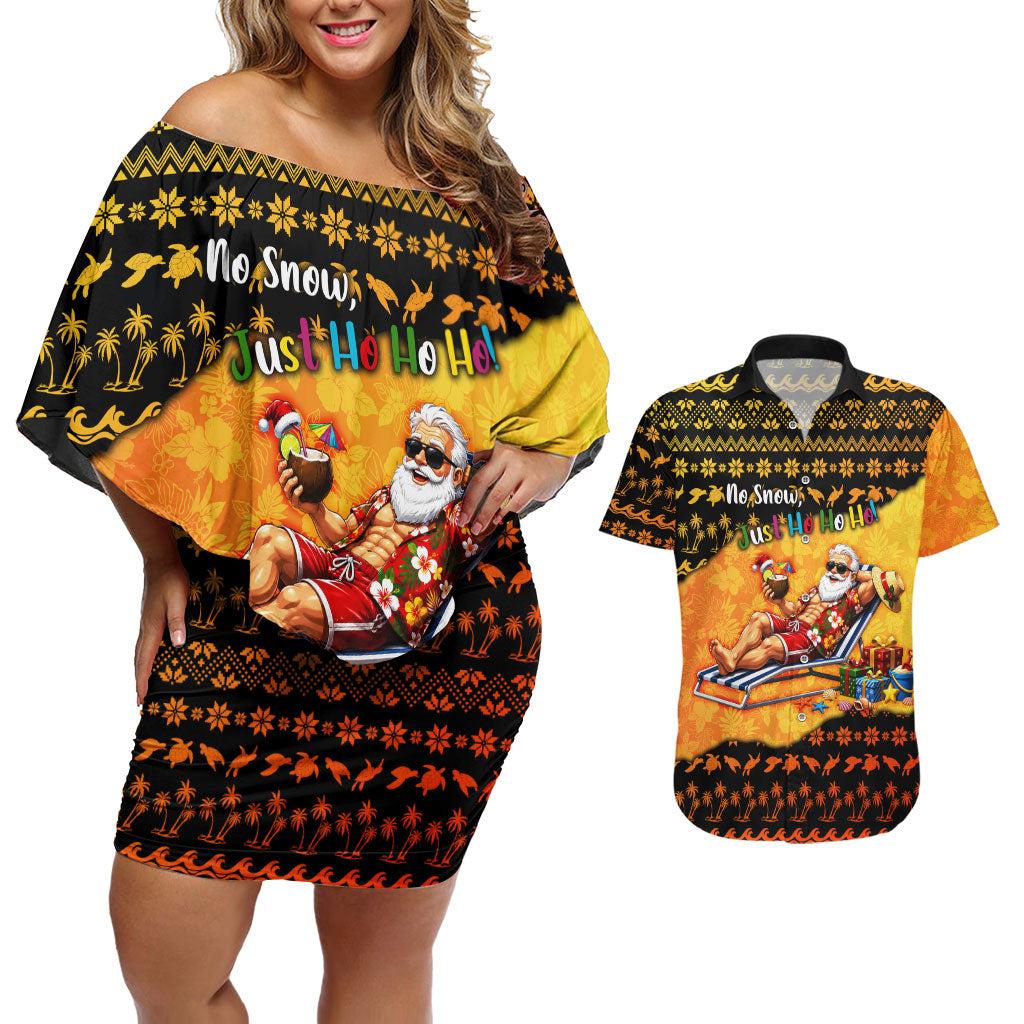 Tropical Christmas In July Santa Claus Couples Matching Off Shoulder Short Dress and Hawaiian Shirt Festive Hawaiian With Beach Reindeer Sleigh
