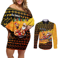 Tropical Christmas In July Santa Claus Couples Matching Off Shoulder Short Dress and Long Sleeve Button Shirt Festive Hawaiian With Beach Reindeer Sleigh