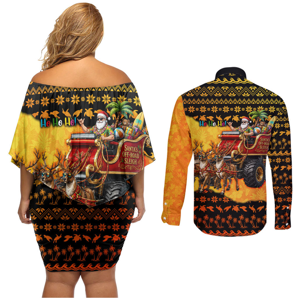 Tropical Christmas In July Santa Claus Couples Matching Off Shoulder Short Dress and Long Sleeve Button Shirt Festive Hawaiian With Beach Reindeer Sleigh