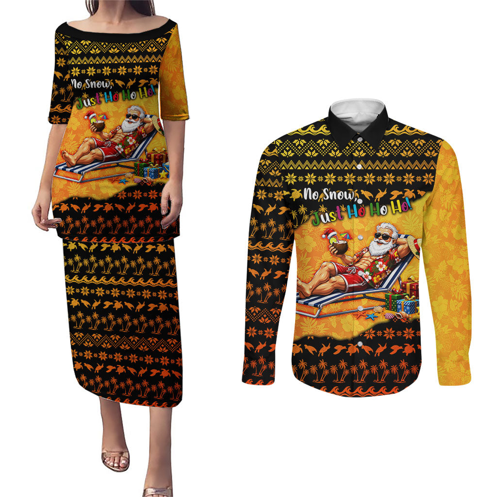 Tropical Christmas In July Santa Claus Couples Matching Puletasi and Long Sleeve Button Shirt Festive Hawaiian With Beach Reindeer Sleigh