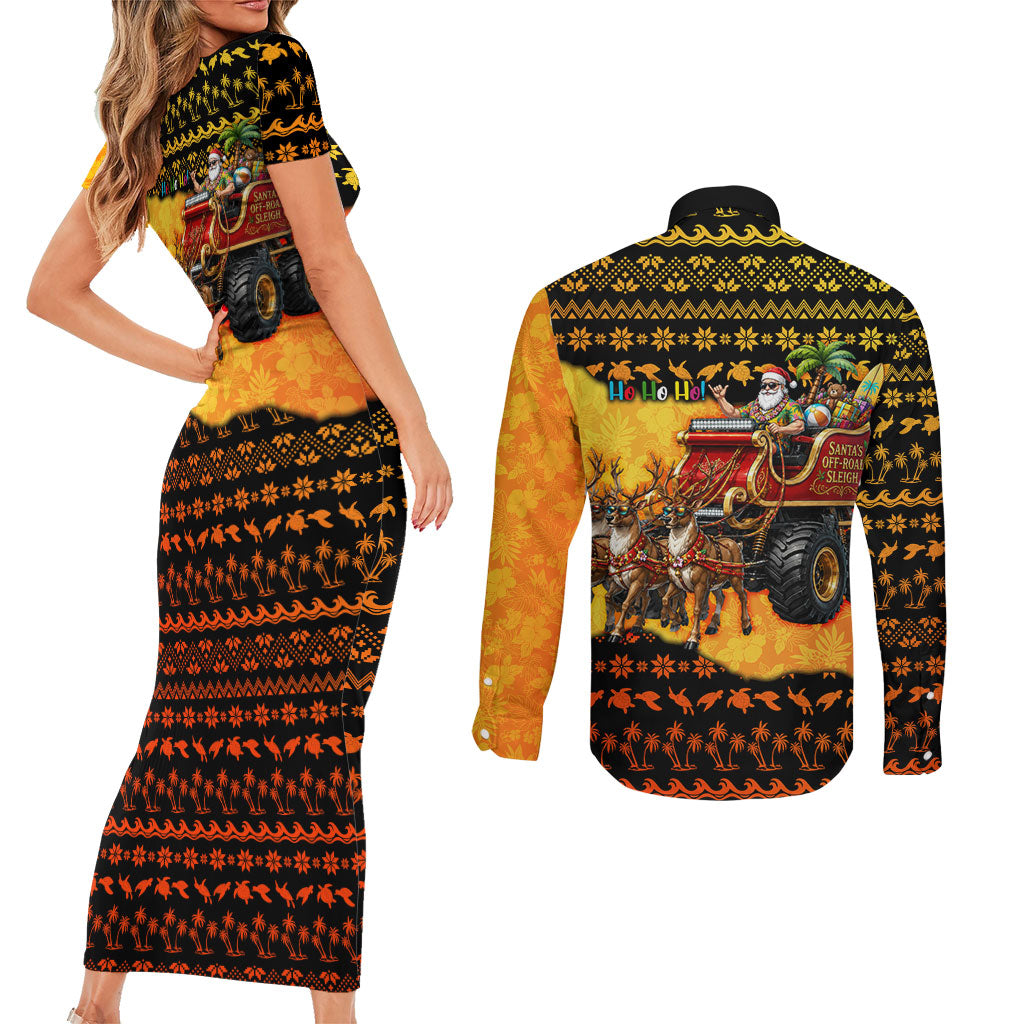 Tropical Christmas In July Santa Claus Couples Matching Short Sleeve Bodycon Dress and Long Sleeve Button Shirt Festive Hawaiian With Beach Reindeer Sleigh