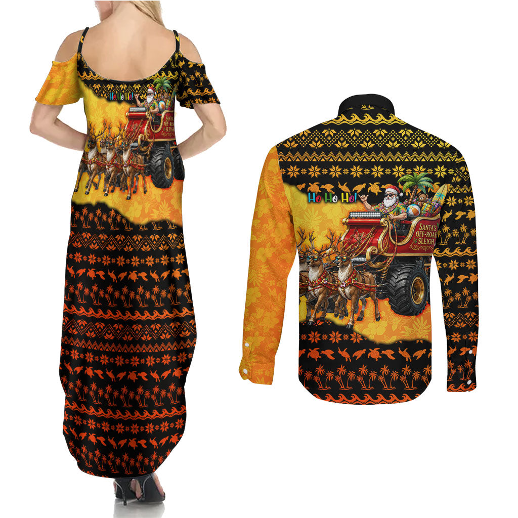 Tropical Christmas In July Santa Claus Couples Matching Summer Maxi Dress and Long Sleeve Button Shirt Festive Hawaiian With Beach Reindeer Sleigh