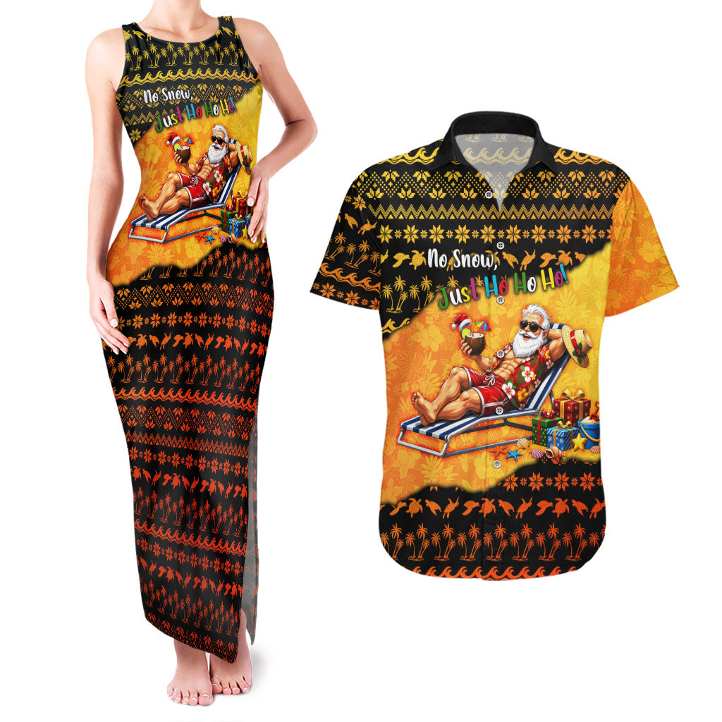 Tropical Christmas In July Santa Claus Couples Matching Tank Maxi Dress and Hawaiian Shirt Festive Hawaiian With Beach Reindeer Sleigh
