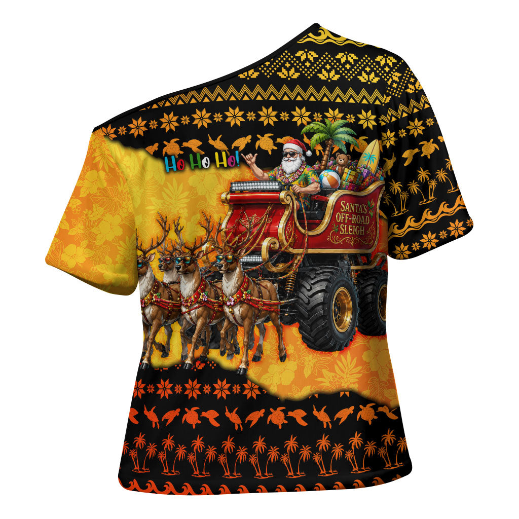 Tropical Christmas In July Santa Claus Cross Shoulder Shirt Festive Hawaiian With Beach Reindeer Sleigh