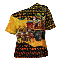 Tropical Christmas In July Santa Claus Cross Shoulder Shirt Festive Hawaiian With Beach Reindeer Sleigh