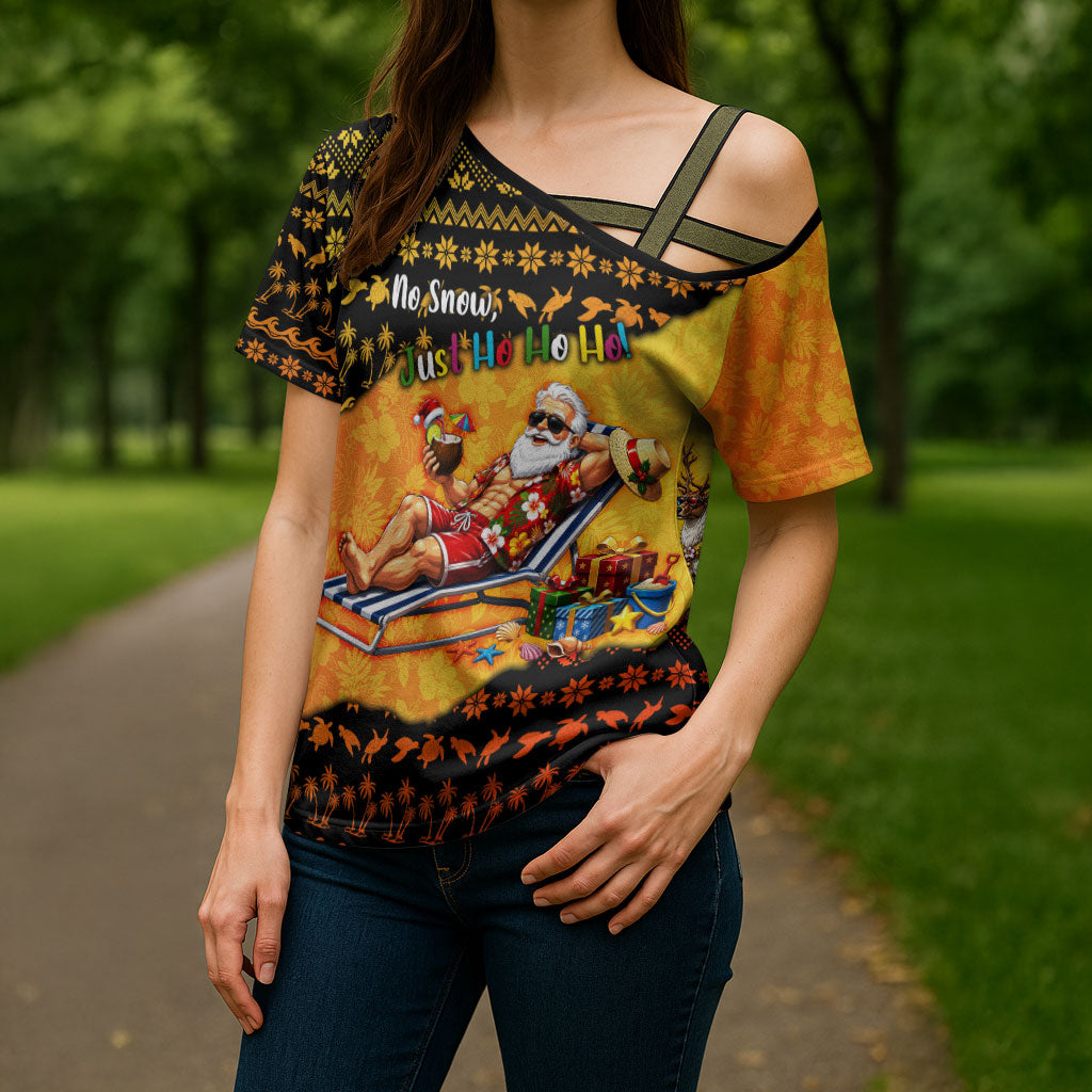 Tropical Christmas In July Santa Claus Cross Shoulder Shirt Festive Hawaiian With Beach Reindeer Sleigh