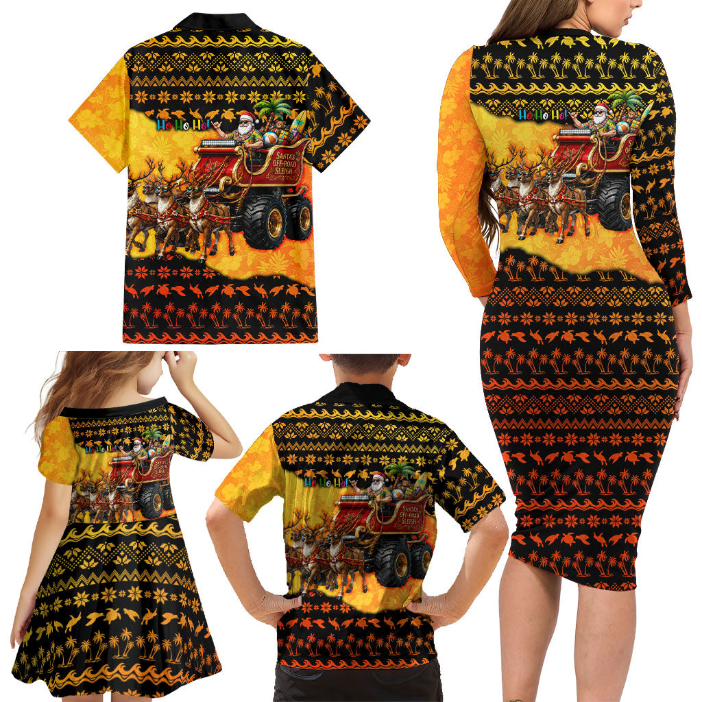 Tropical Christmas In July Santa Claus Family Matching Long Sleeve Bodycon Dress and Hawaiian Shirt Festive Hawaiian With Beach Reindeer Sleigh