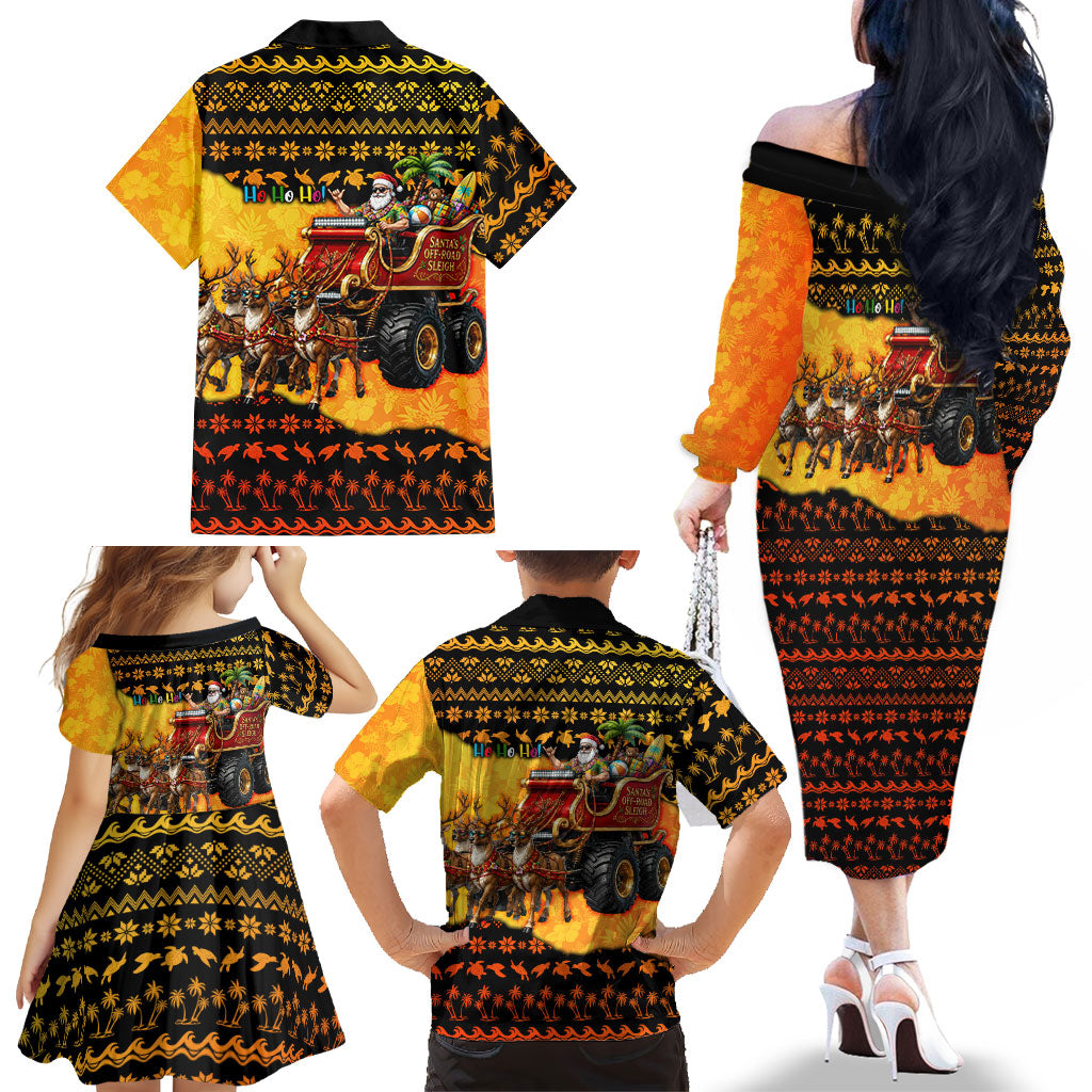 Tropical Christmas In July Santa Claus Family Matching Off The Shoulder Long Sleeve Dress and Hawaiian Shirt Festive Hawaiian With Beach Reindeer Sleigh