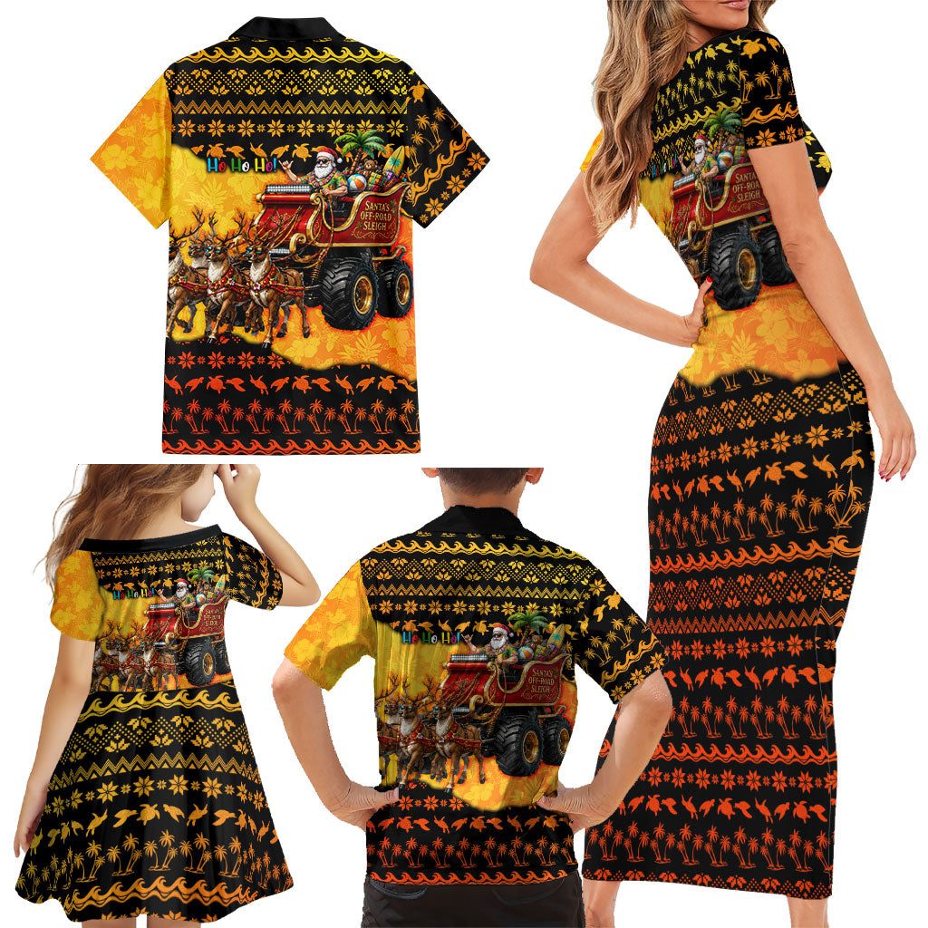 Tropical Christmas In July Santa Claus Family Matching Short Sleeve Bodycon Dress and Hawaiian Shirt Festive Hawaiian With Beach Reindeer Sleigh