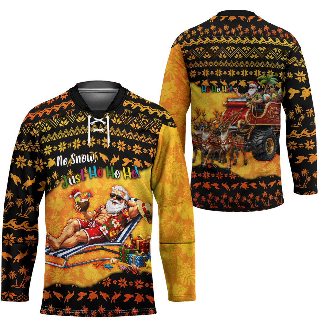 Tropical Christmas In July Santa Claus Hockey Jersey Festive Hawaiian With Beach Reindeer Sleigh