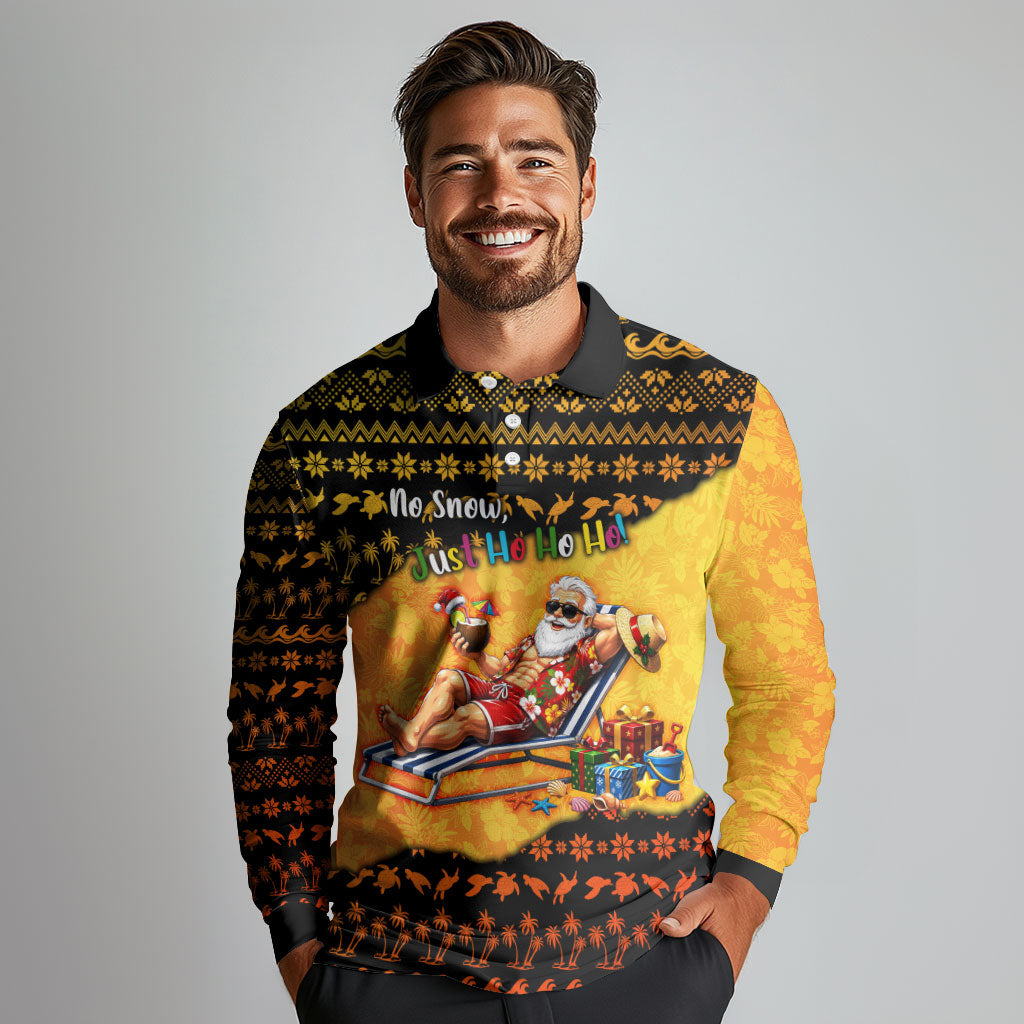 Tropical Christmas In July Santa Claus Long Sleeve Polo Shirt Festive Hawaiian With Beach Reindeer Sleigh
