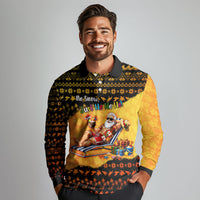 Tropical Christmas In July Santa Claus Long Sleeve Polo Shirt Festive Hawaiian With Beach Reindeer Sleigh
