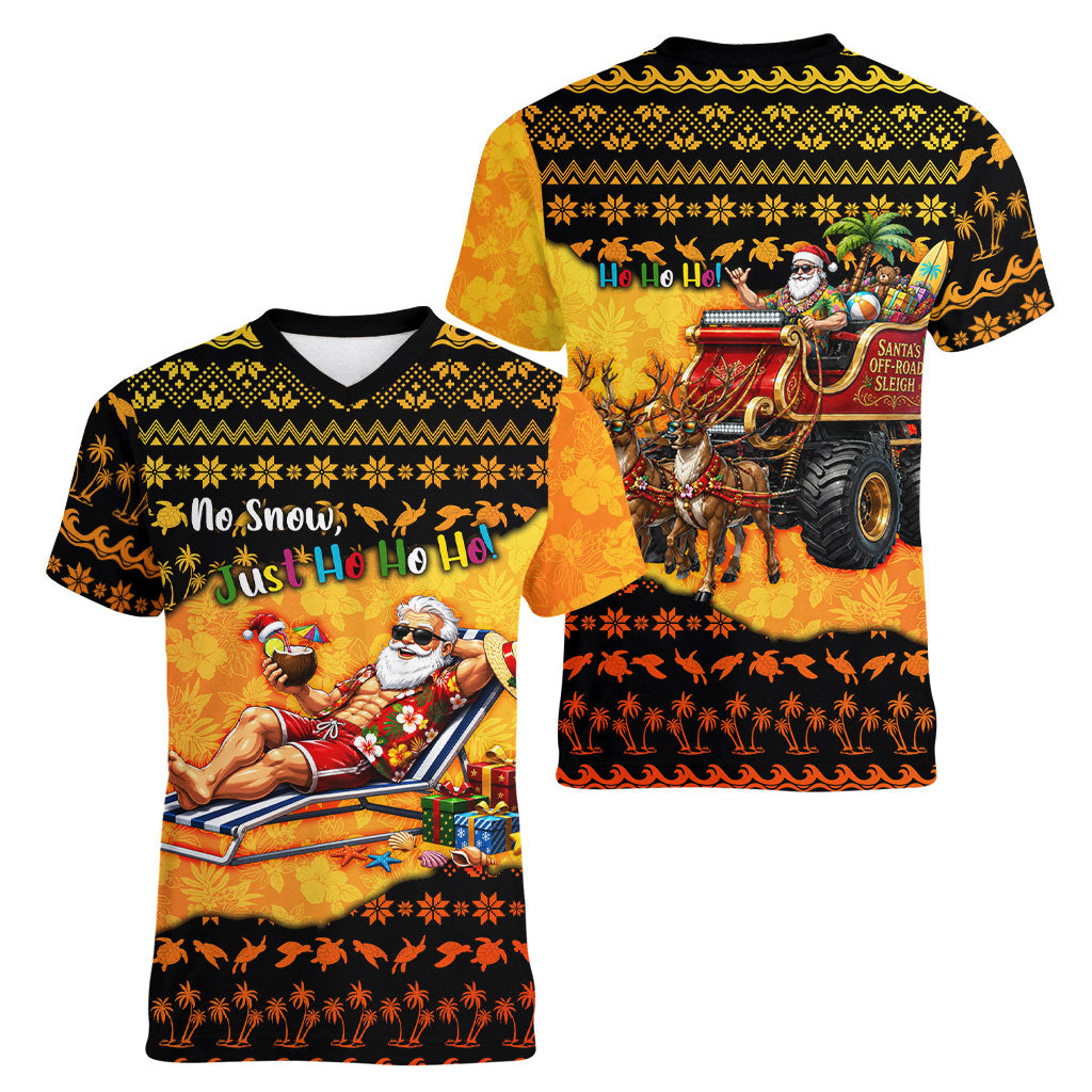 Tropical Christmas In July Santa Claus Women V-Neck T-Shirt Festive Hawaiian With Beach Reindeer Sleigh