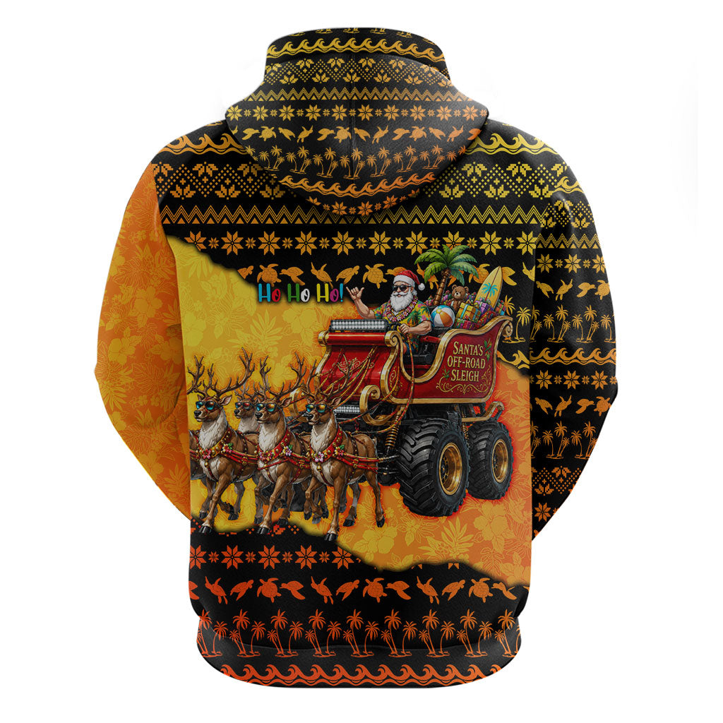 Tropical Christmas In July Santa Claus Zip Hoodie Festive Hawaiian With Beach Reindeer Sleigh