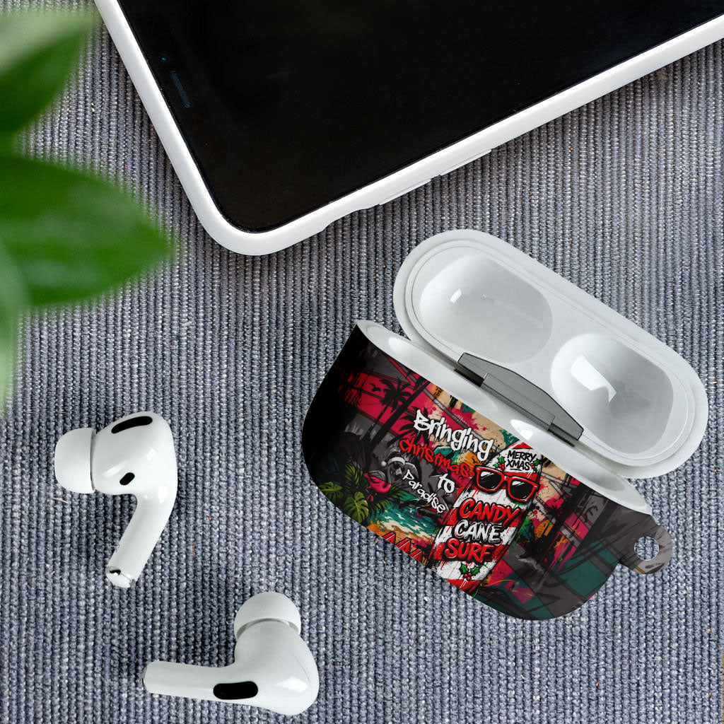 Tropical Christmas In July Candy Cane Surf AirPods Case Vibrant Street Art Beach Graffiti Graphic