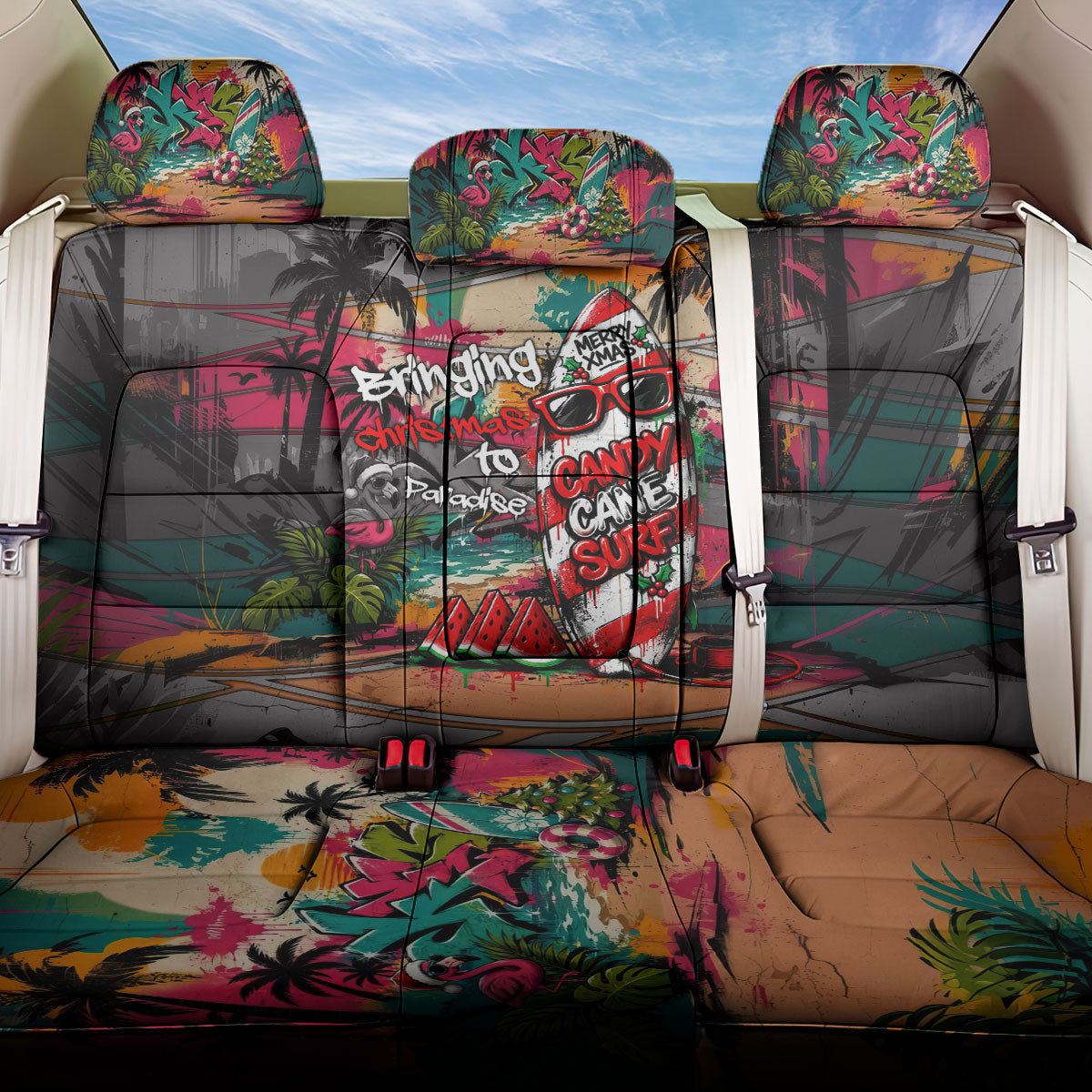 Tropical Christmas In July Candy Cane Surf Back Car Seat Cover Vibrant Street Art Beach Graffiti Graphic