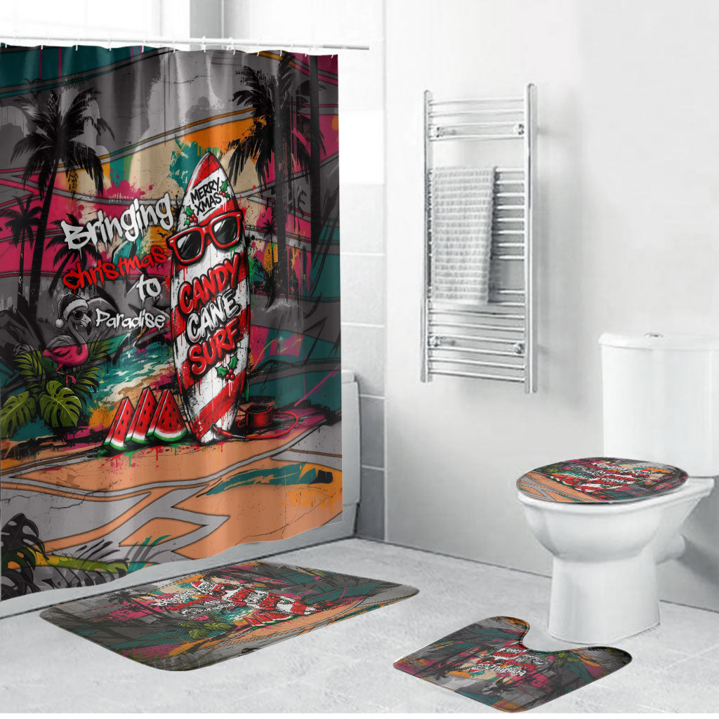 Tropical Christmas In July Candy Cane Surf Bathroom Set Vibrant Street Art Beach Graffiti Graphic