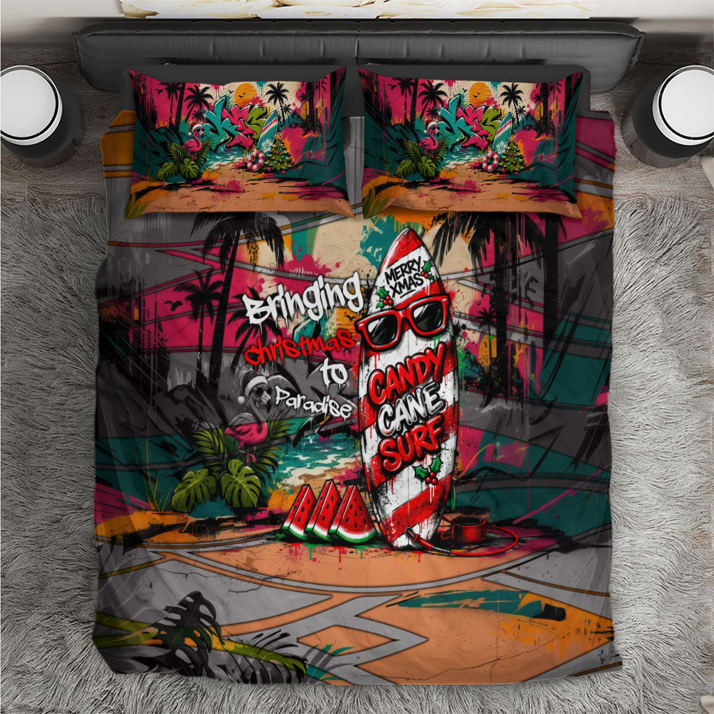 Tropical Christmas In July Candy Cane Surf Bedding Set Vibrant Street Art Beach Graffiti Graphic