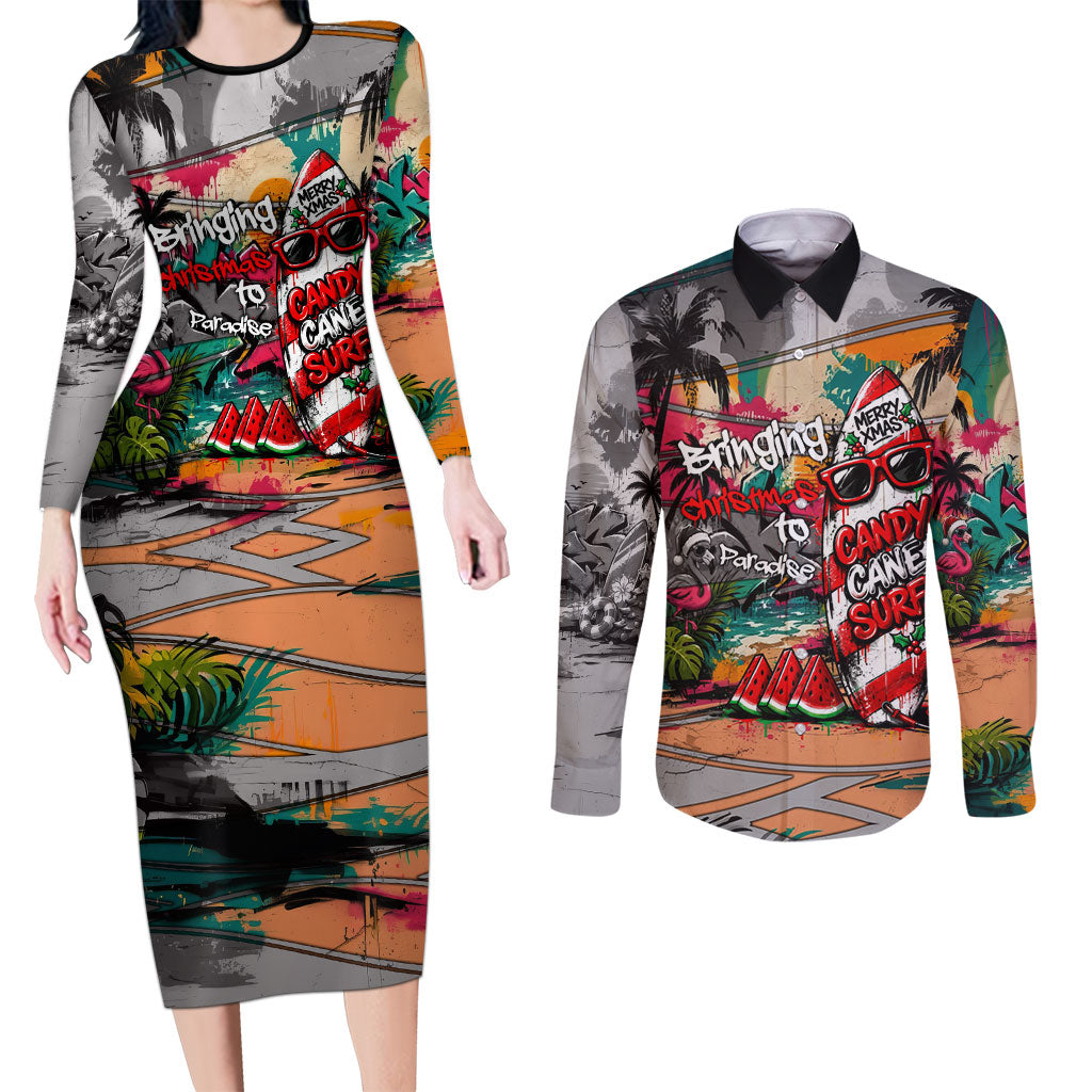 Tropical Christmas In July Candy Cane Surf Couples Matching Long Sleeve Bodycon Dress and Long Sleeve Button Shirt Vibrant Street Art Beach Graffiti Graphic