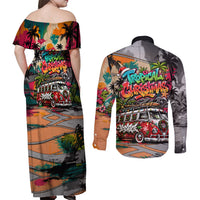 Tropical Christmas In July Candy Cane Surf Couples Matching Off Shoulder Maxi Dress and Long Sleeve Button Shirt Vibrant Street Art Beach Graffiti Graphic