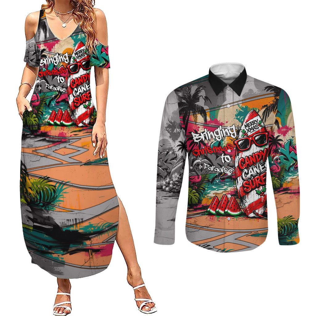 Tropical Christmas In July Candy Cane Surf Couples Matching Summer Maxi Dress and Long Sleeve Button Shirt Vibrant Street Art Beach Graffiti Graphic