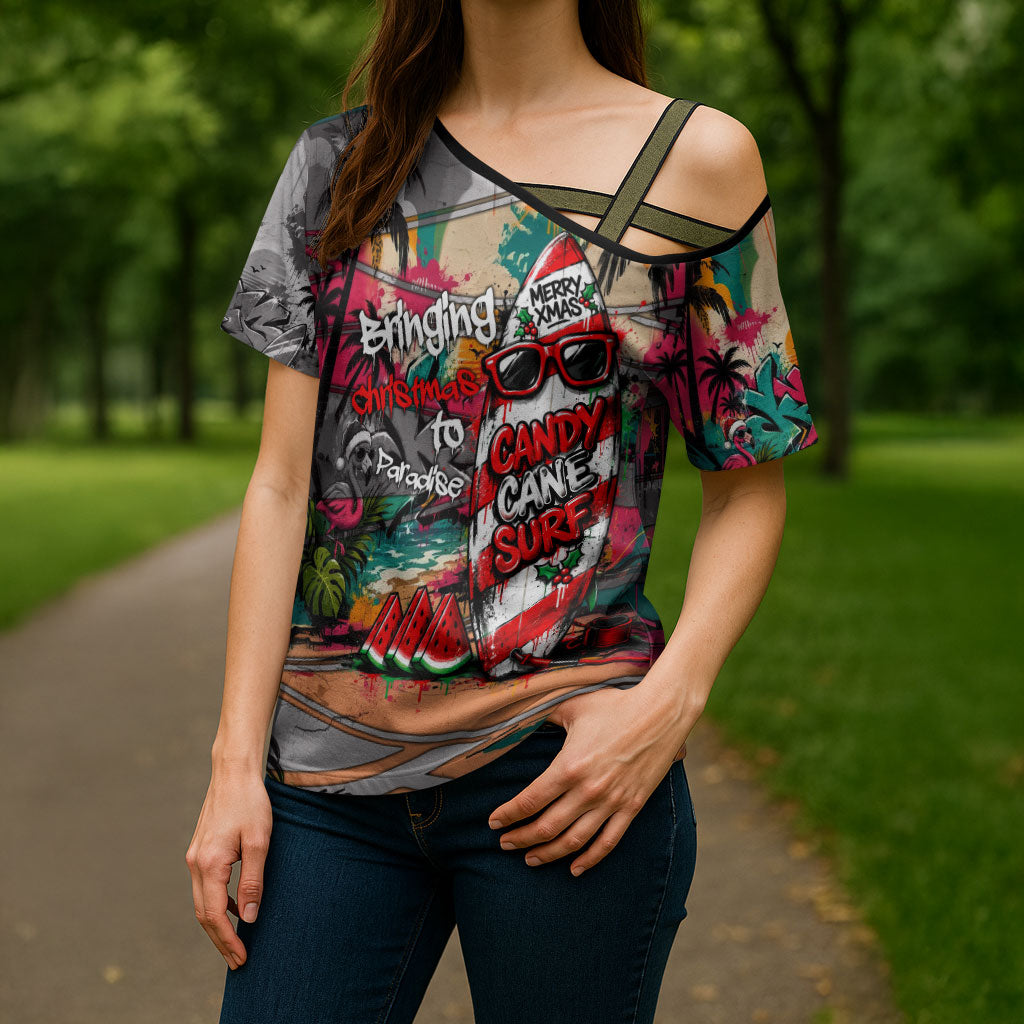 Tropical Christmas In July Candy Cane Surf Cross Shoulder Shirt Vibrant Street Art Beach Graffiti Graphic