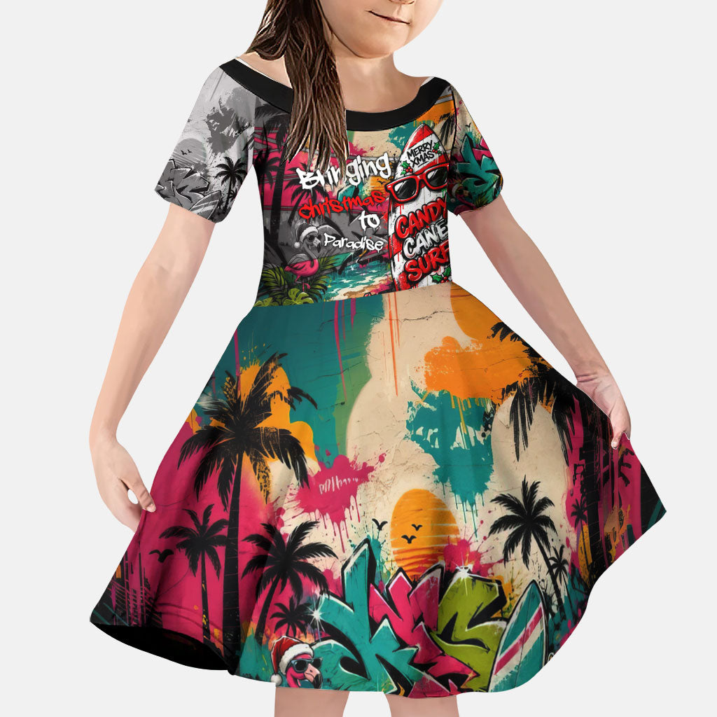 Tropical Christmas In July Candy Cane Surf Family Matching Mermaid Dress and Hawaiian Shirt Vibrant Street Art Beach Graffiti Graphic