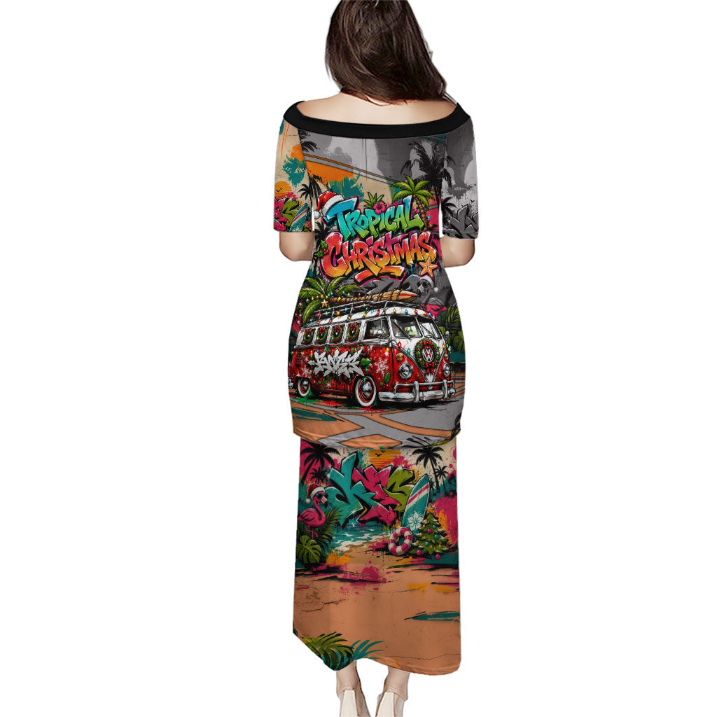 Tropical Christmas In July Candy Cane Surf Family Matching Puletasi and Hawaiian Shirt Vibrant Street Art Beach Graffiti Graphic
