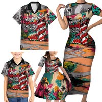 Tropical Christmas In July Candy Cane Surf Family Matching Short Sleeve Bodycon Dress and Hawaiian Shirt Vibrant Street Art Beach Graffiti Graphic