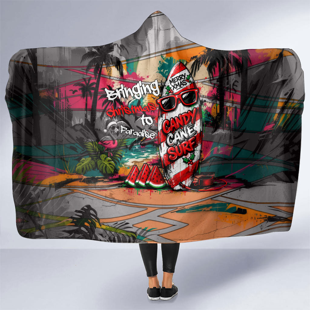 Tropical Christmas In July Candy Cane Surf Hooded Blanket Vibrant Street Art Beach Graffiti Graphic
