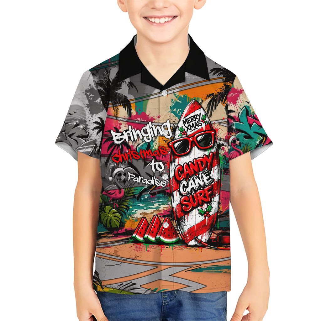 Tropical Christmas In July Candy Cane Surf Kid Hawaiian Shirt Vibrant Street Art Beach Graffiti Graphic TS04 Kid Orange Grey - Polynesian Pride