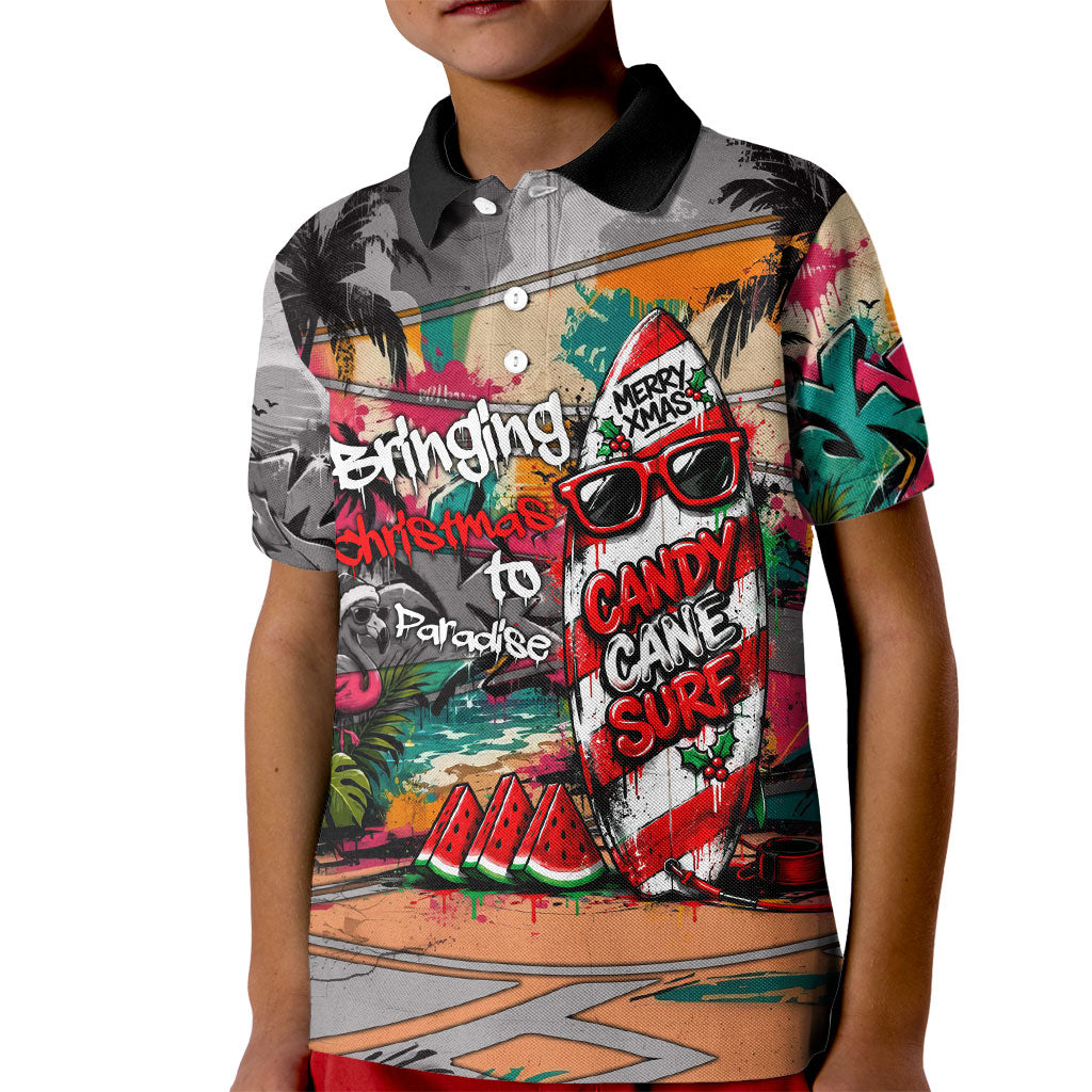 Tropical Christmas In July Candy Cane Surf Kid Polo Shirt Vibrant Street Art Beach Graffiti Graphic TS04 Kid Orange Grey - Polynesian Pride
