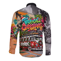 Tropical Christmas In July Candy Cane Surf Long Sleeve Button Shirt Vibrant Street Art Beach Graffiti Graphic