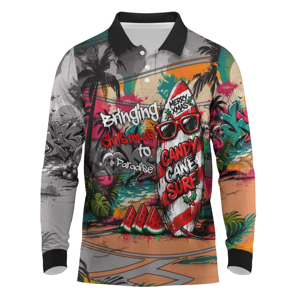 Tropical Christmas In July Candy Cane Surf Long Sleeve Polo Shirt Vibrant Street Art Beach Graffiti Graphic TS04 Orange Grey - Polynesian Pride