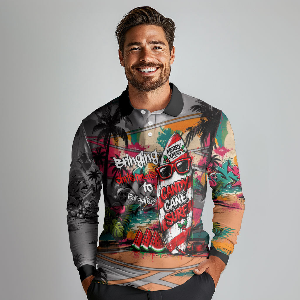 Tropical Christmas In July Candy Cane Surf Long Sleeve Polo Shirt Vibrant Street Art Beach Graffiti Graphic