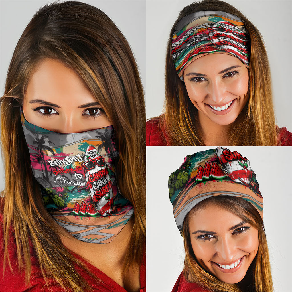 Tropical Christmas In July Candy Cane Surf Neck Gaiter Vibrant Street Art Beach Graffiti Graphic